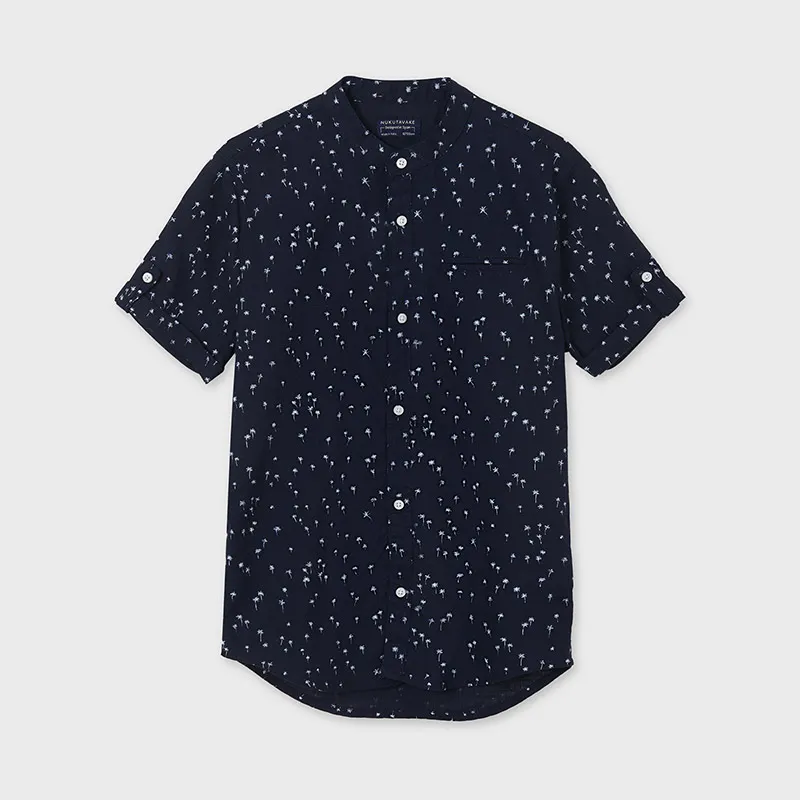 Camisa Azul Sin Cuello Palmeras