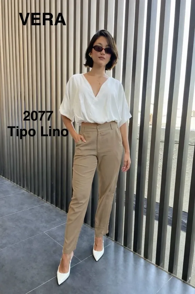 Pantalón Rigido Liviano Slouchy Lino Cintura Enresortada Caqui