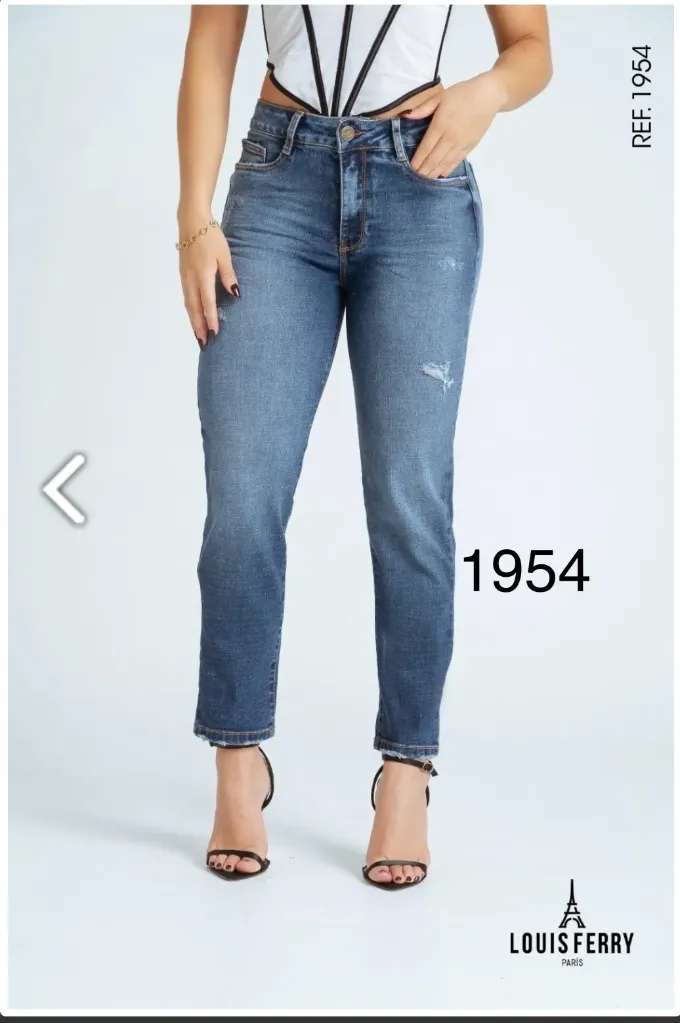 Jean Stretch Mom Fit Desgastes Azul Medio